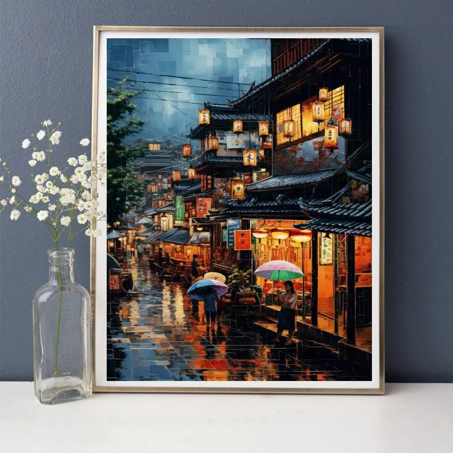 Vietnamese Village Asian Market Scene diamond Painting Vintage Watercolour Wall Picture 5D diamond embroidery mosaic Home Decor