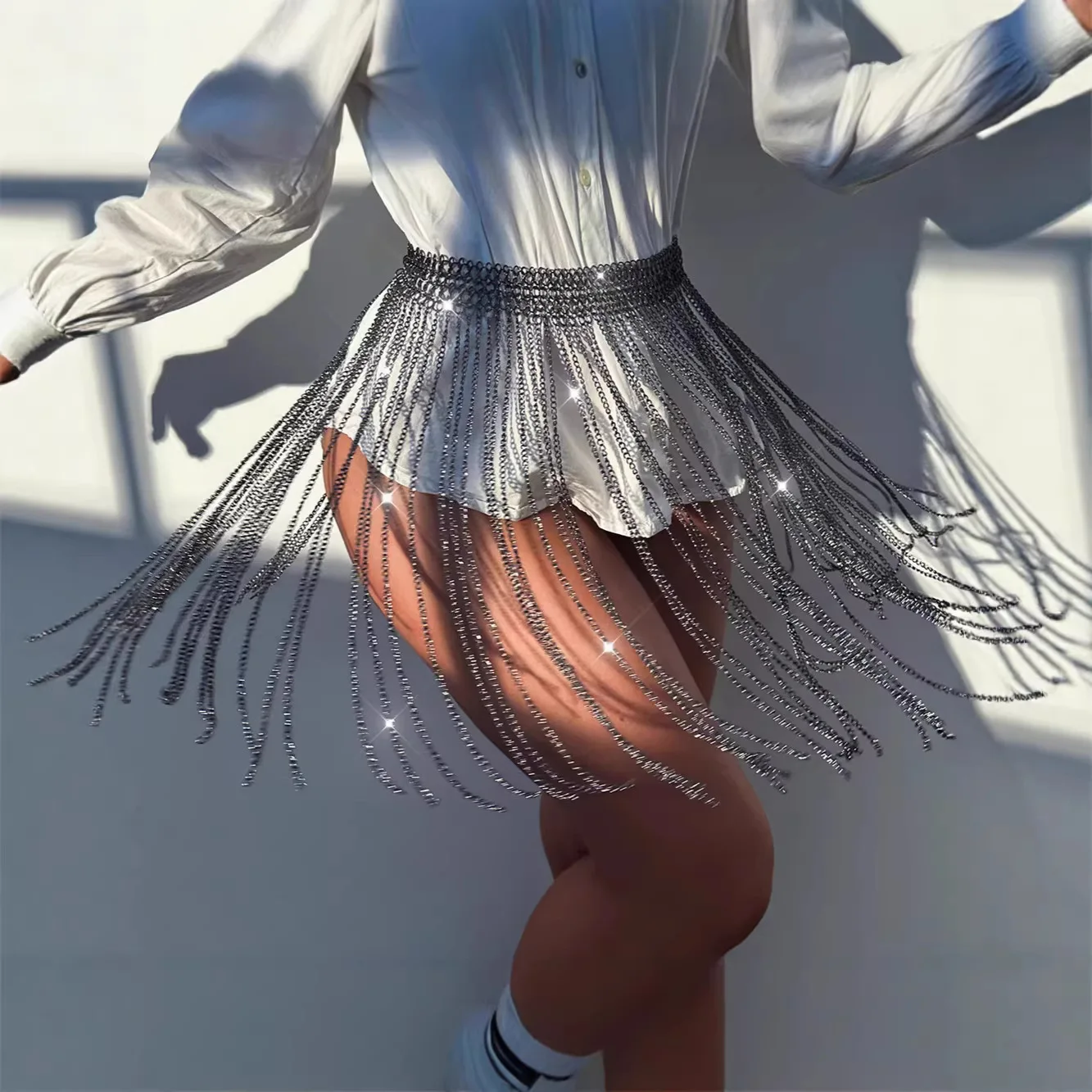 Sparkly Tassel Waist Chain  Skirt Women Fashion Tassel Skirt Nightclub Wear Party Bandage Clothing Bottom Halloween Art Mini