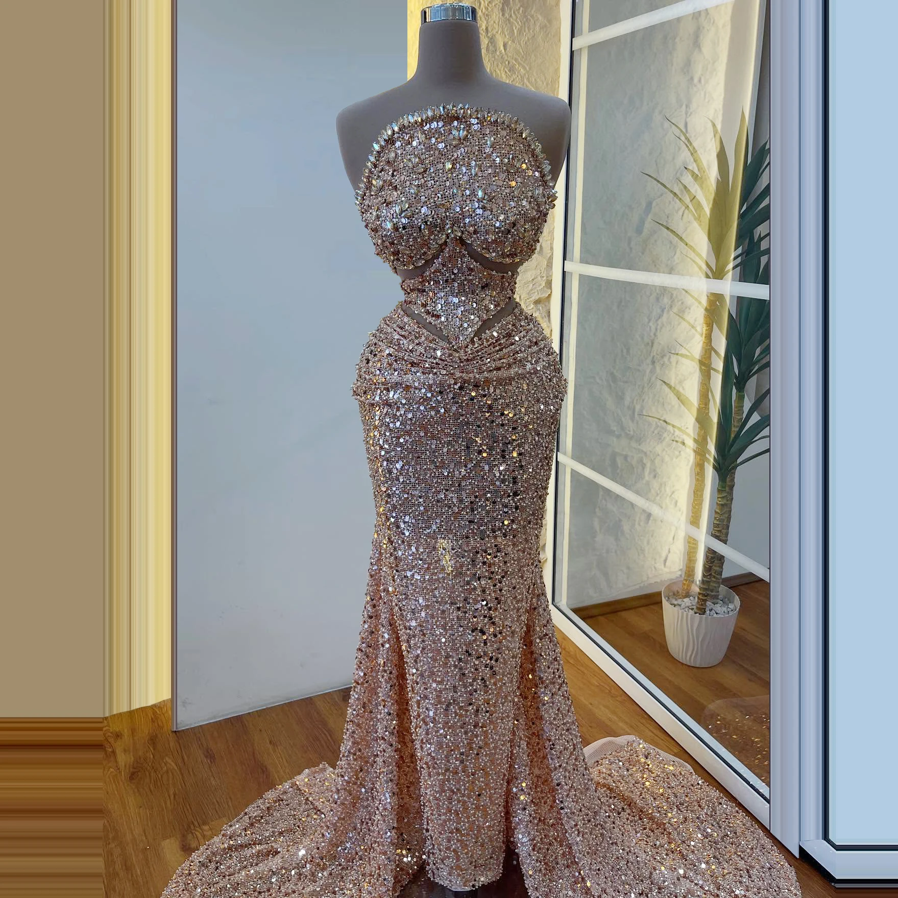 

Elegant Champagne Strapless Mermaid Evening Dress Full Sequins Beaded Birthday Party Dress Shiny Crystal Prom Dress Customized