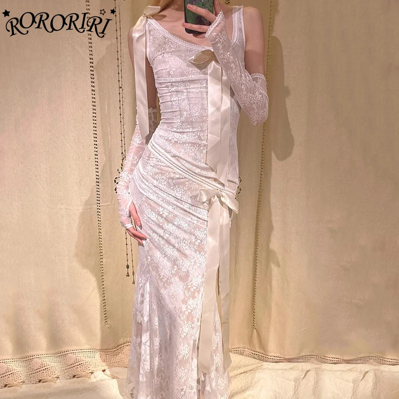 RORORIRI Lace Patchwork Tank Long Dress Women Detachable Bowknot Elegant Irregular Sleeveless Desire One-piece Vintage Clothes