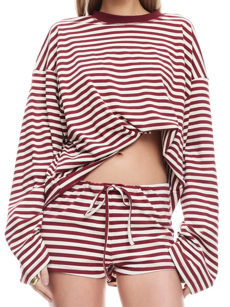 

Articat Fashion Knitted Long Sleeve Striped T-Shirt Top For Women Round Neck Slim Autumn New 2025 Female Elegant Streetwear