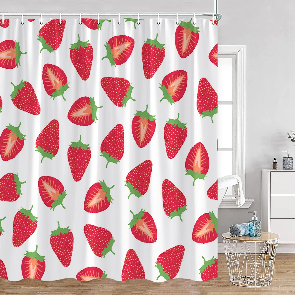 Strawberry Shower Curtains Tropical Fruit White Floral Pink Bath Curtain Children Home Bathroom Decor Polyester Cloth With Hooks