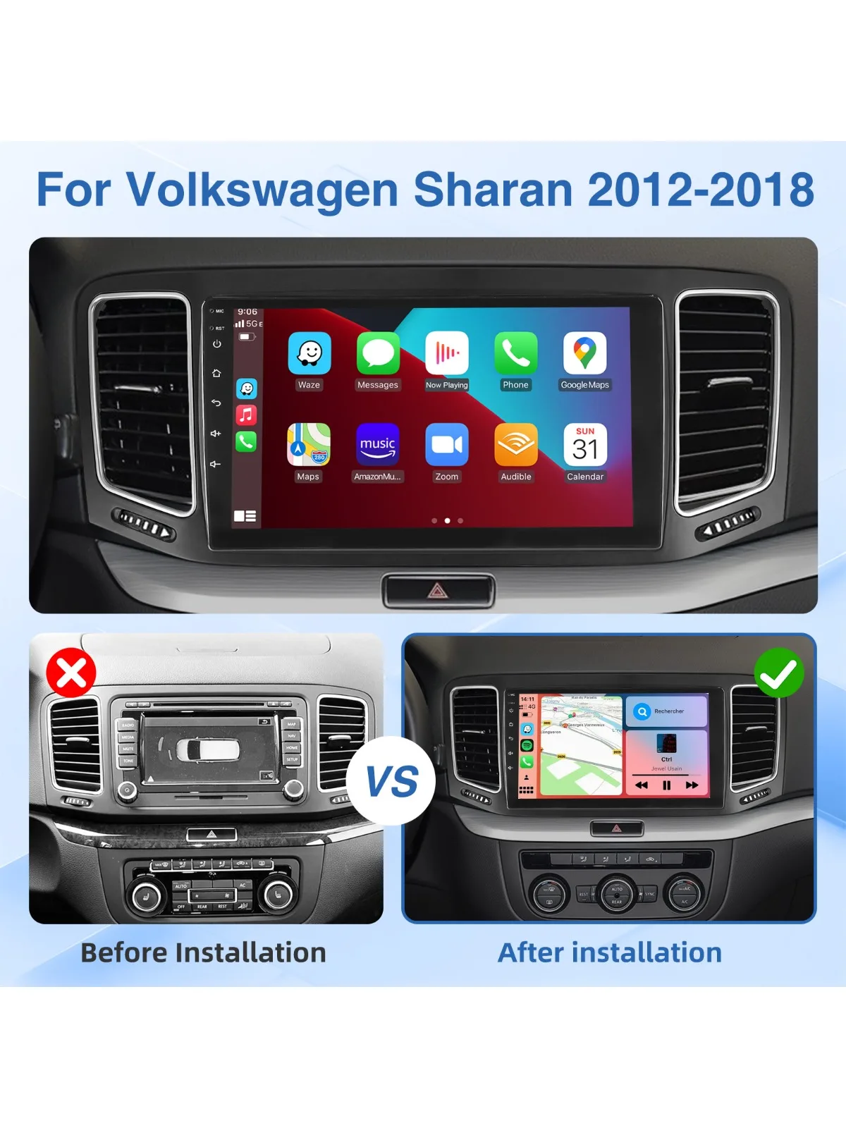 MOPECT 4+64GB Android 15 Autoradio mit CarPlay für VW Sharan 7N / Seat Alhambra II 2012-2018 Touchscreen GPS BT+DAB&DVR&CAM