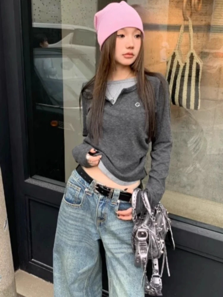 

Autumn Fake Two Pieces Vintage Women T-shirt Harajuku Embroidery Casual Slim Fit Tops Y2k Aesthetic Patchwork Punk Grunge Tees