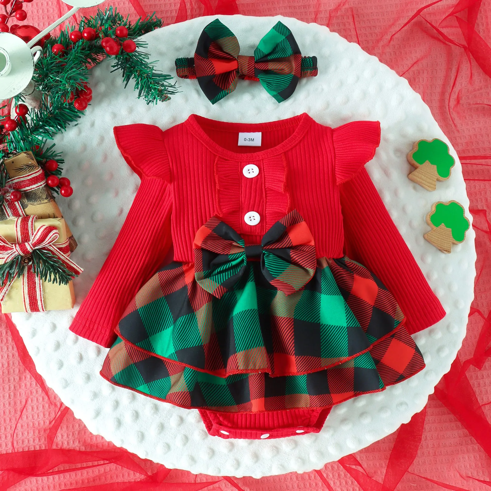 Christmas Infant Girls Long Sleeve Santa Plaid Prints Romper Newborn Bodysuits Dress Headbands Outfits Girls Glitter Bodysuit