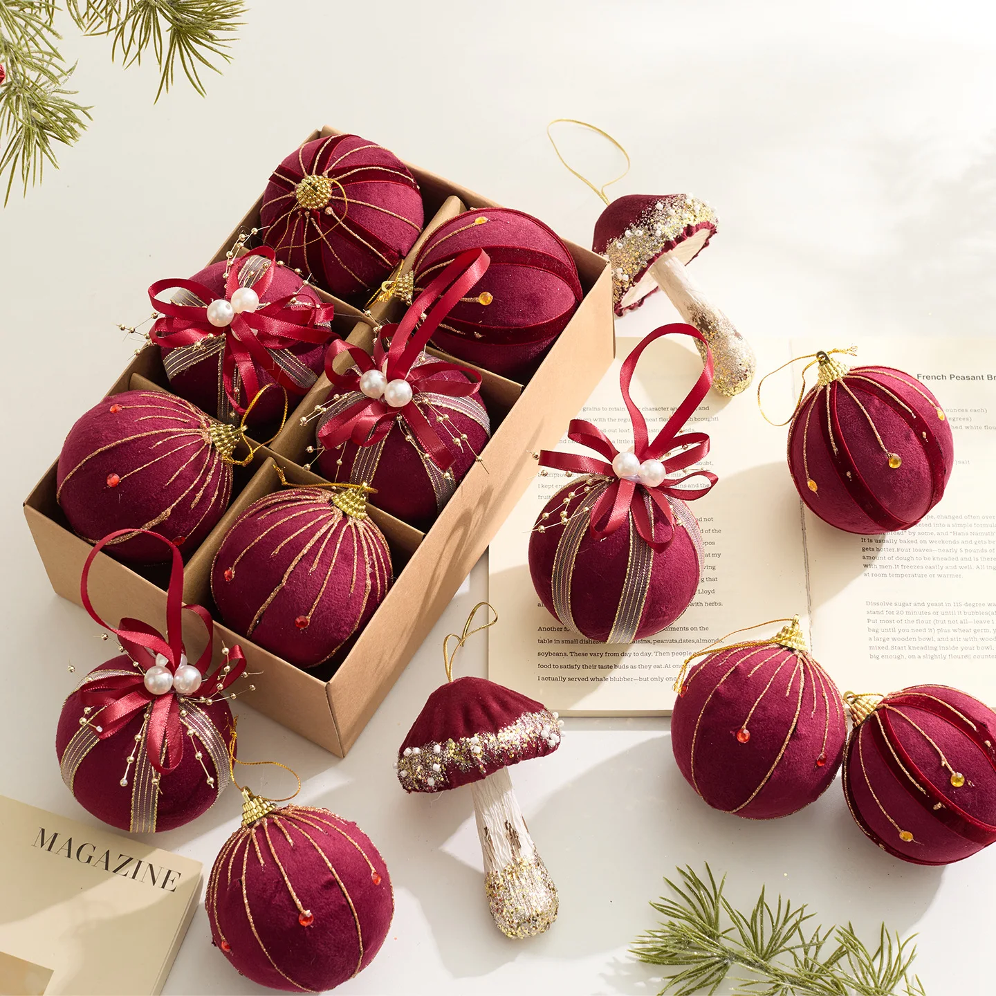 

1/6Pcs New Christmas Decorations Burgundy Flannel Christmas Ball Set Mushroom House Walking Stick Christmas Tree Hangings