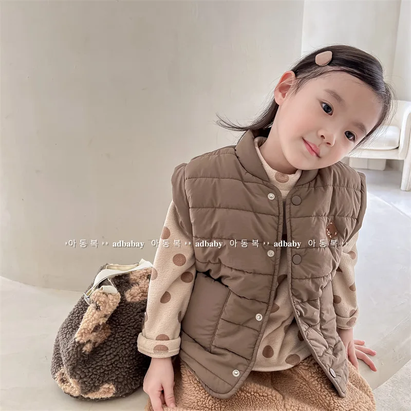 2024 Winter New Children Warm Vest Fashion Girls Sleeveless Down Jacket Baby Plus Velvet Thick Vest Boys Cute Bear Vest Coat