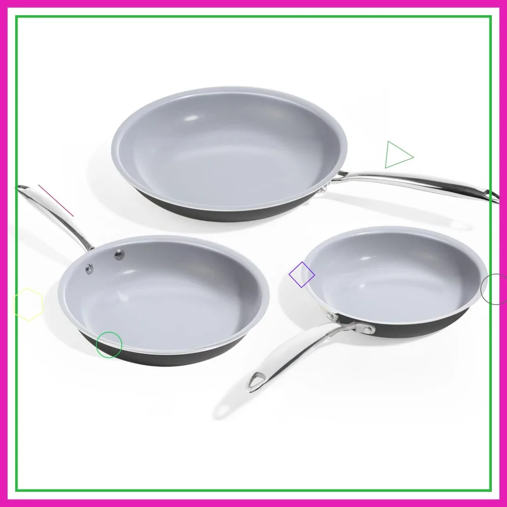 

Non-Stick Titanium Ceramic Skillet Set, 8" 9.5" 11" Pans with Cool Handle, PFAS-Free & Dishwasher Safe