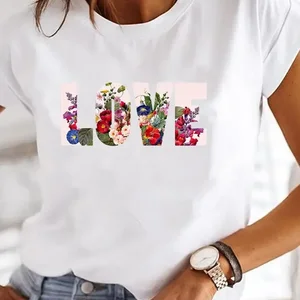 Đồ họa ngắn của phụ nữ t -shirt, trái tim tình yêu, màu nước t -shirt, in ngọt, giản dị, thời trang của phụ nữ, quần áo mùa hè 12 Top Heart Bán hàng chính - №12
