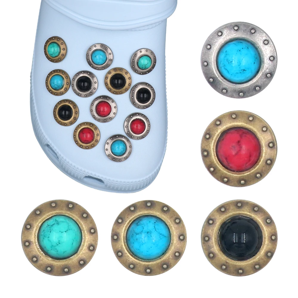 Shoe Accessories Charm Detachable Simulated Turquoise Rotundity Metal Hole Sandals Decorations Pins Adult Kids Gift 1 Set 16 Pcs
