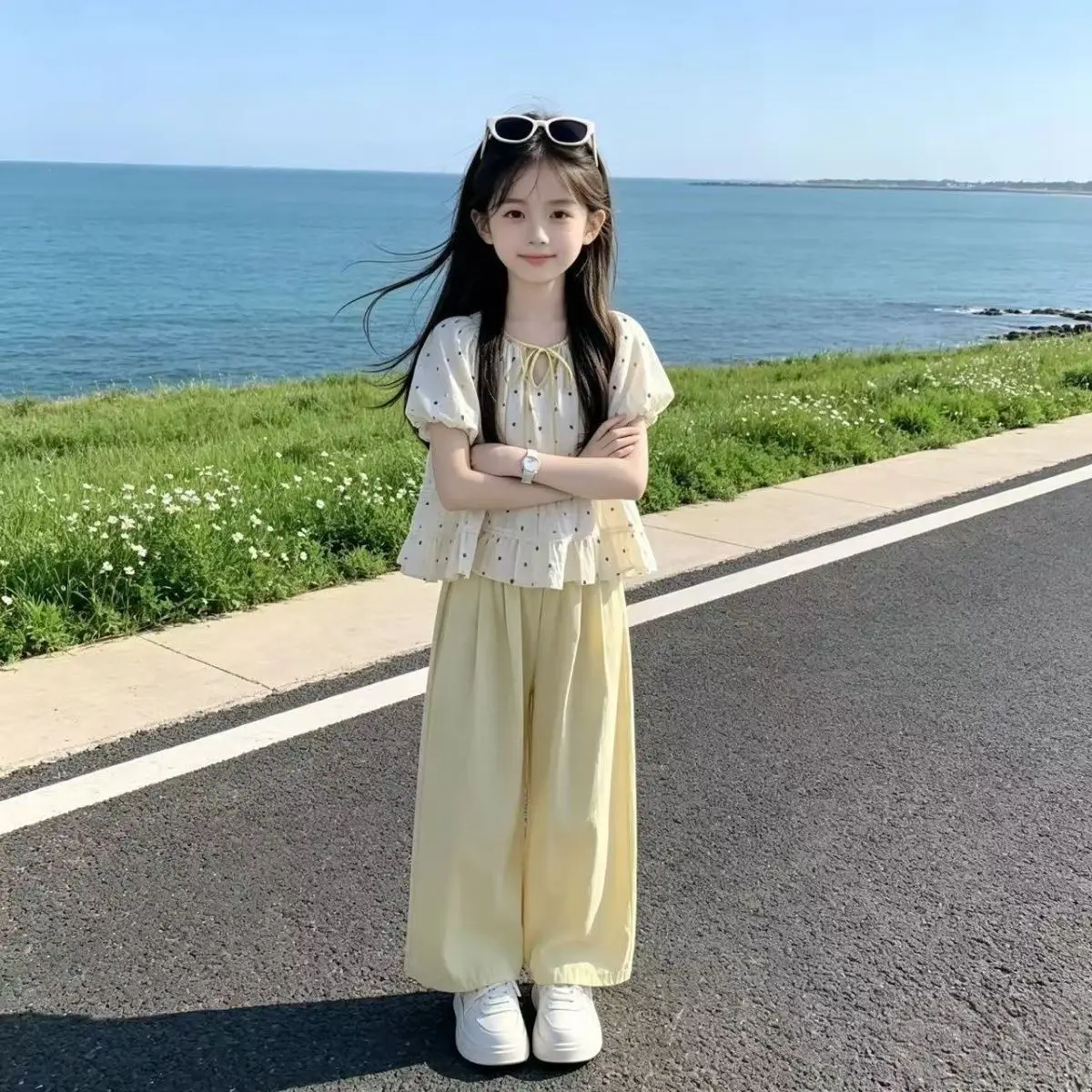 Girls Summer Sweet Polka Dot Shirt+Yellow Pants 2Pcs Suits Teenage Kids Korean Style Casual Streetwear Children Clothes Sets 123