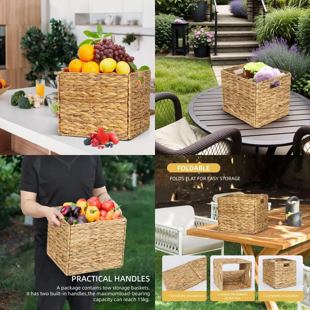 

Set of 4 Foldable Wicker Storage Baskets, 13x11in, Rectangular, Water Hyacinth, Natural Handwoven Baskets for Shelves and Outdoo
