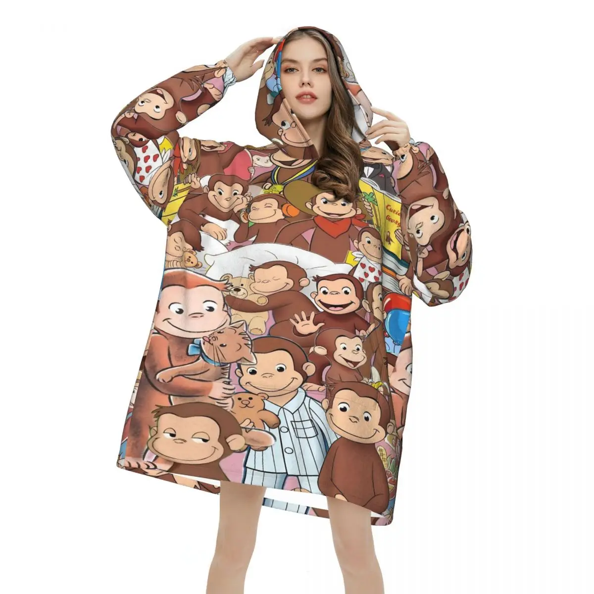 Curious George African Monkey Wearable Blanket Hoodie for Women Men Warm Cozy Blanket Sweatshirt Thick Fleece Hooded Blanket