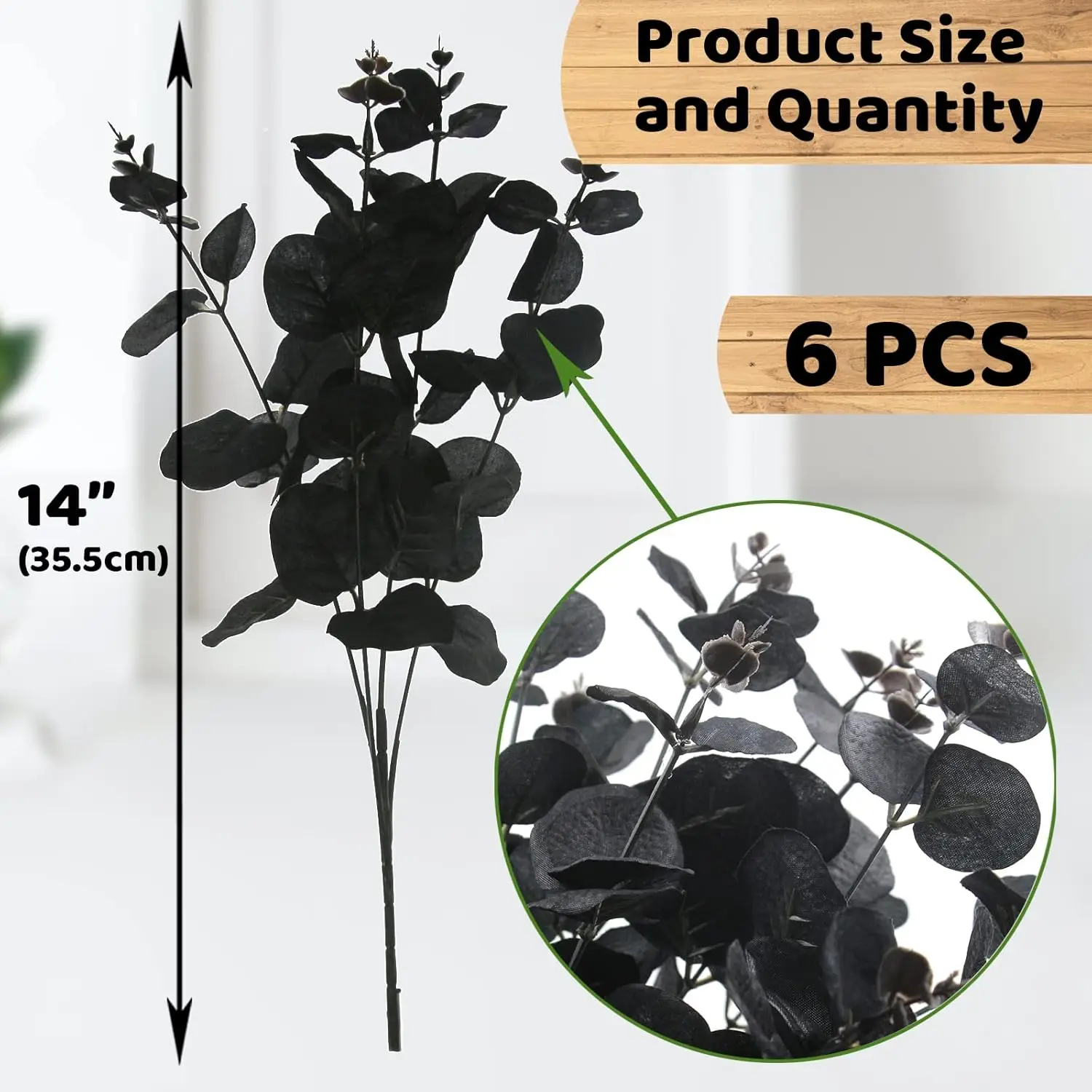 6 Pcs Artificial Black Eucalyptus Stems, 14