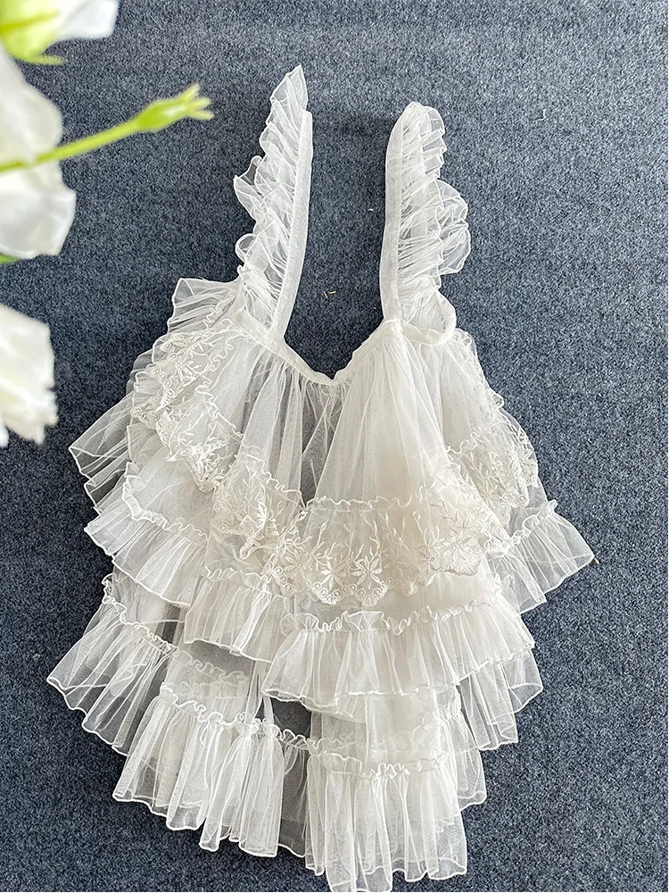 

Doophee Two Way Wear Lolita Clothing Elegant Ruffles Palace Apron All-match Cover Skirts Perspective Lace Mesh Suspenders Dress