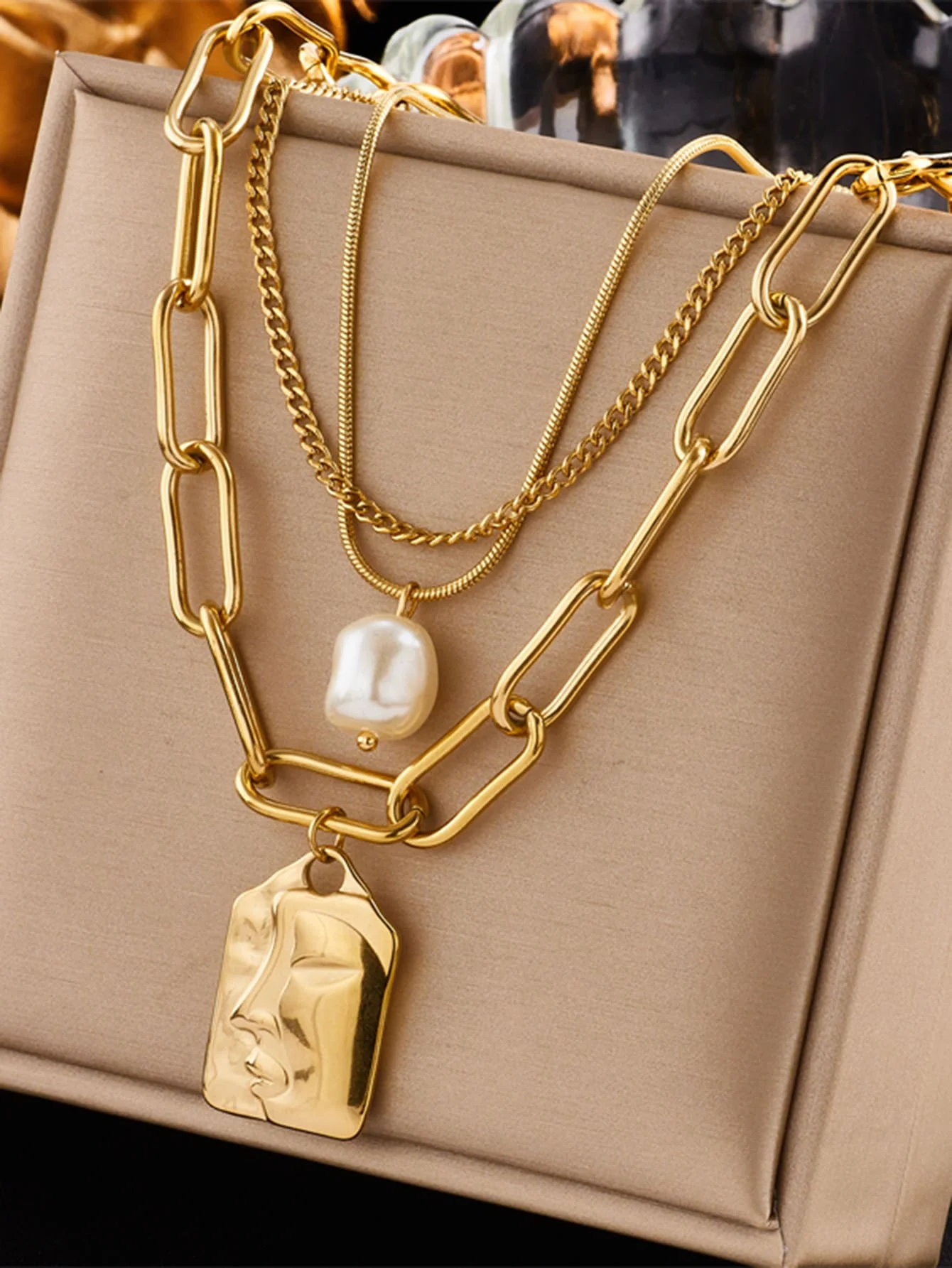 

Layered Gold-Tone Chain Necklace with Bar Link, Pearl & Abstract Face Pendant