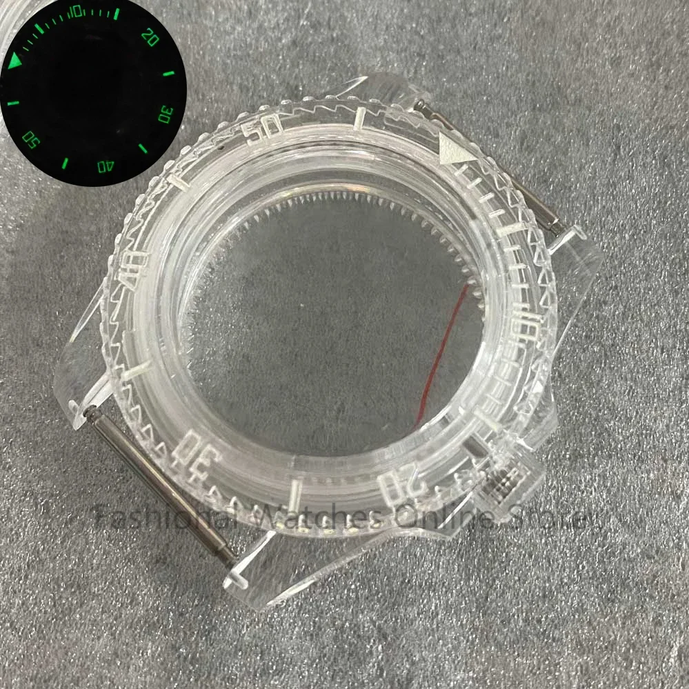 40mm Green Luminous Watch Case Sub Transparent Acrylic Watch Accessories Modified Case For NH35/ NhH36/ 4R Movement