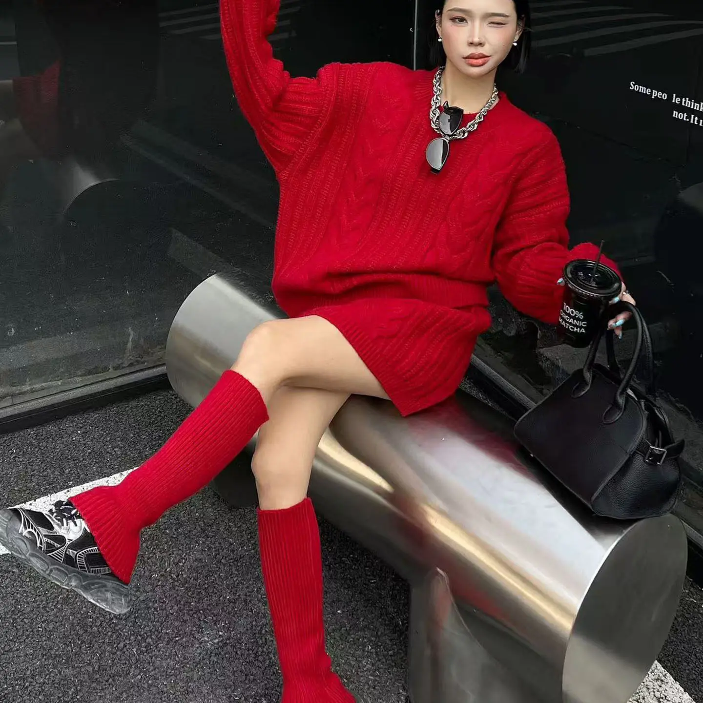 

Winter Knitted High Waist Skirt Women's Faion Trendy Tee-piece Set Comfortable Soft Long Sve Crew Ne Top