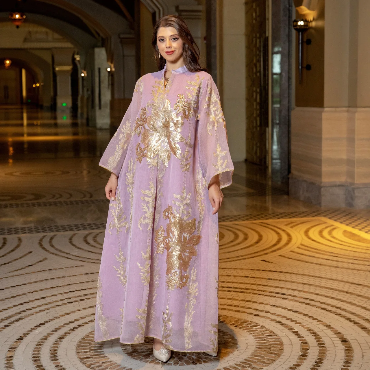 Arab Abaya Female Dubai Modest Casual Mesh Lace Insert Embroidery Notched V-Neck Full Sleeve Muslim Woman Long Dresses