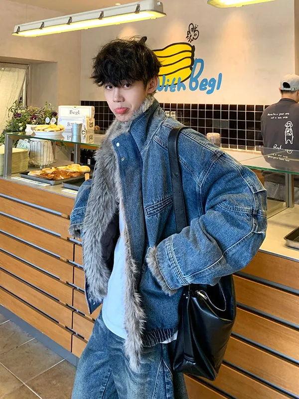

Мужская зимняя куртка из синего денима с меховым воротником, теплая, модная, короткая, рабочая одежда, верхняя одежда