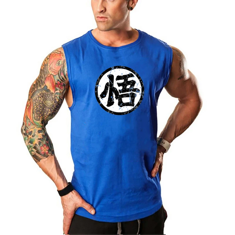 Japanese Anime Wu Font Funny Print Fitness Tank Tops Mens Cotton Bodybuilding Stringer Vest Gym Clothing Sports Sleeveless Shirt