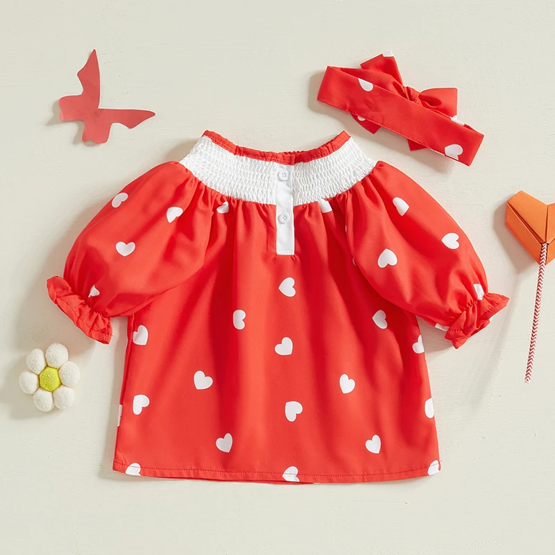 Suefunskry Baby Girl Valentine’s Day Dress Long Sleeve Round Neck Heart Embroidery Dress with Headband Set