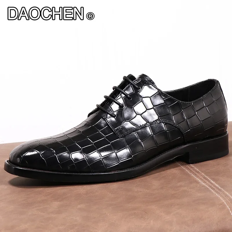 

LUXURY BRAND MEN OXFORD SHOES BROWN BLACK LACE UP SQARE DERBY CROCODILES PRINT MAN SHOE WEDDING OFFICE LEATHER SHOES MEN