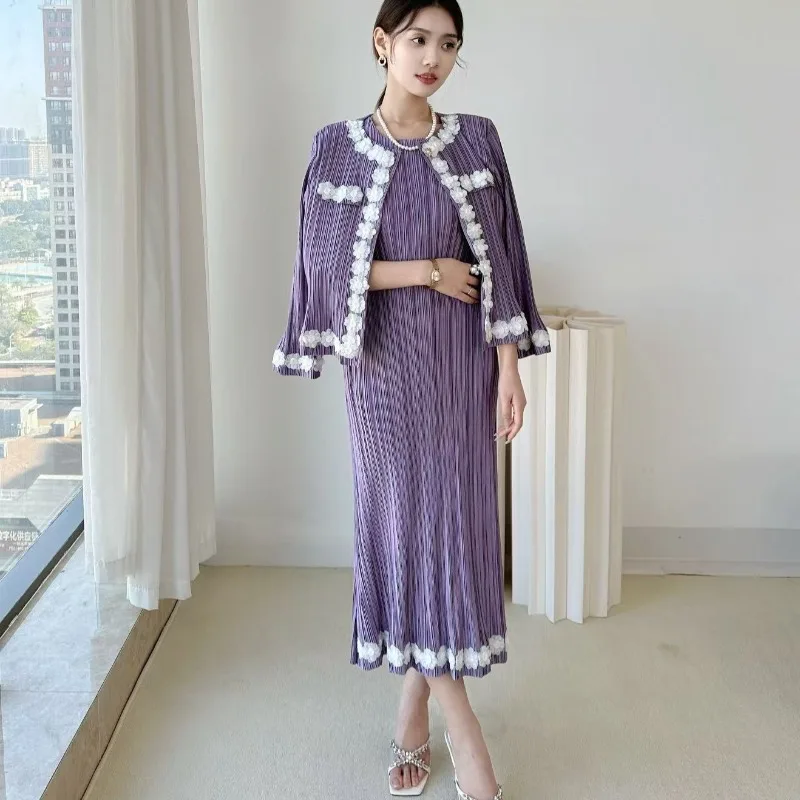 

Miyake Pleated Dress 2026 New Women Casual Comfortable Round Neck Loose Long Sleeve Cardigan Jacket Elegant Commuter 2 Piece Set