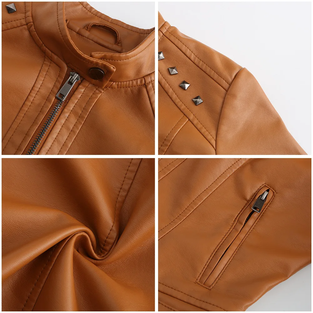 Women's Rivet PU zipper Leather Coat, Black Motorcycle Jacket, Standing Collar, Korean Punk Rock Fashion, Autumn and Winter