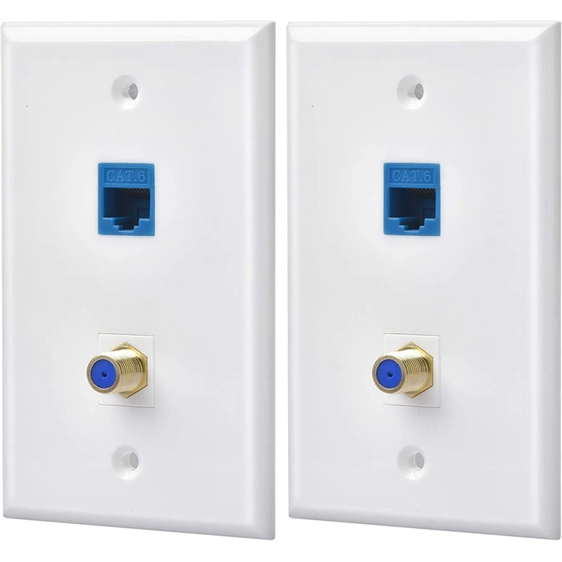 2 Packs Ethernet Coax Wall Plate Outlet with 1 Cat6 Keystone Port and 1 Gold-Plated Coax F Type Port RJ45 Wall Plates