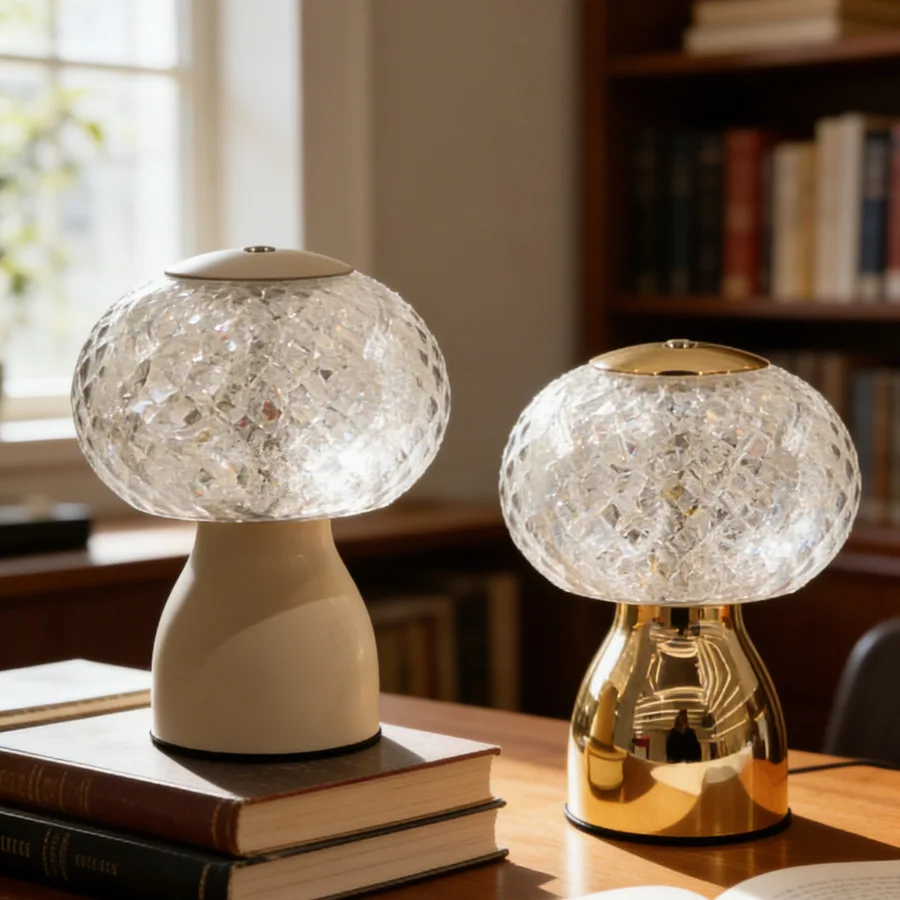 2026 Luxury Crystal Mushroom Touch Lamp, Rechargeable 3‑Color Night Light, High-End Ambient Light for Master Bedroom Bedside