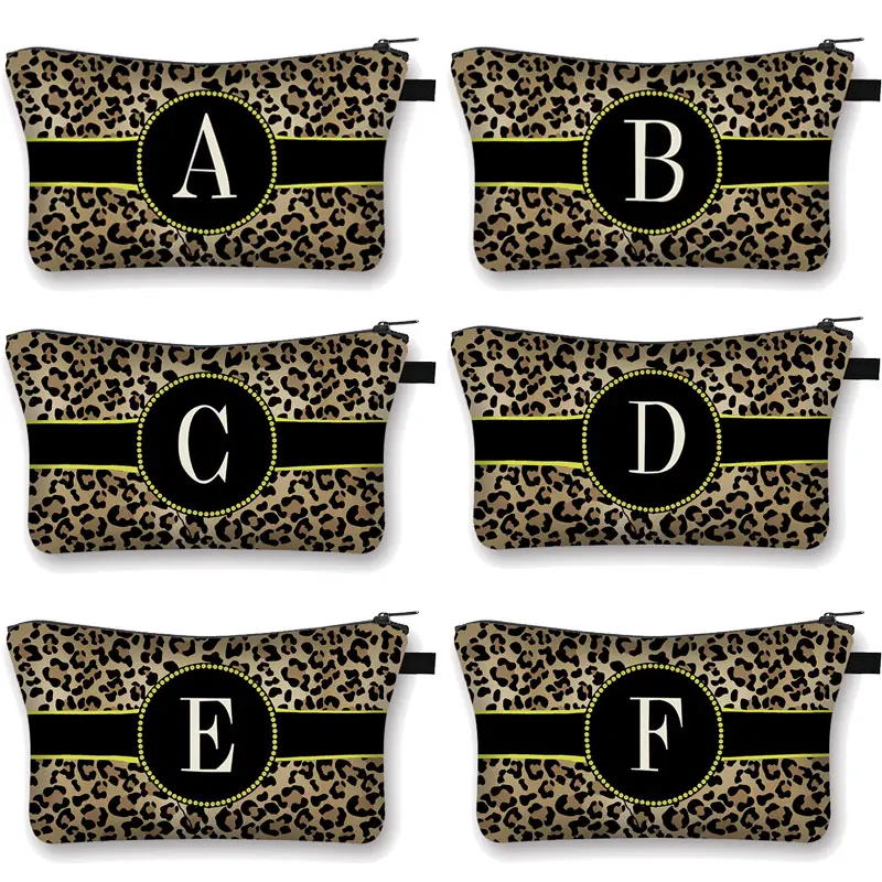 

26 Initials Leopard Letter Pattern Cosmetic Case A-Z Letter Makeup Bags Women Travel Bridesmaid Gift Ladies Portable Beauty Bag