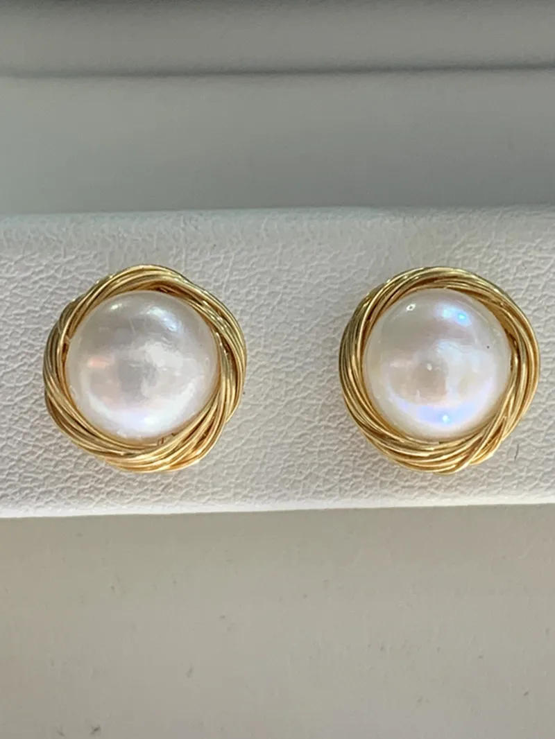 Designer Pearl Gold Earring AAA 7-8mm White Pearl Stud Earrings 14k Fashion Jewellry Accessories 14