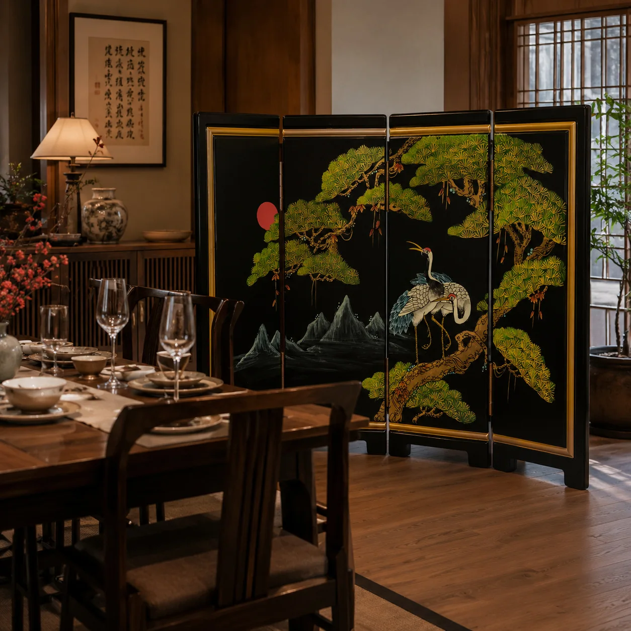 CX Chinese hand-painted retro lacquer painting screen black background flower and bird folding screen living room partition