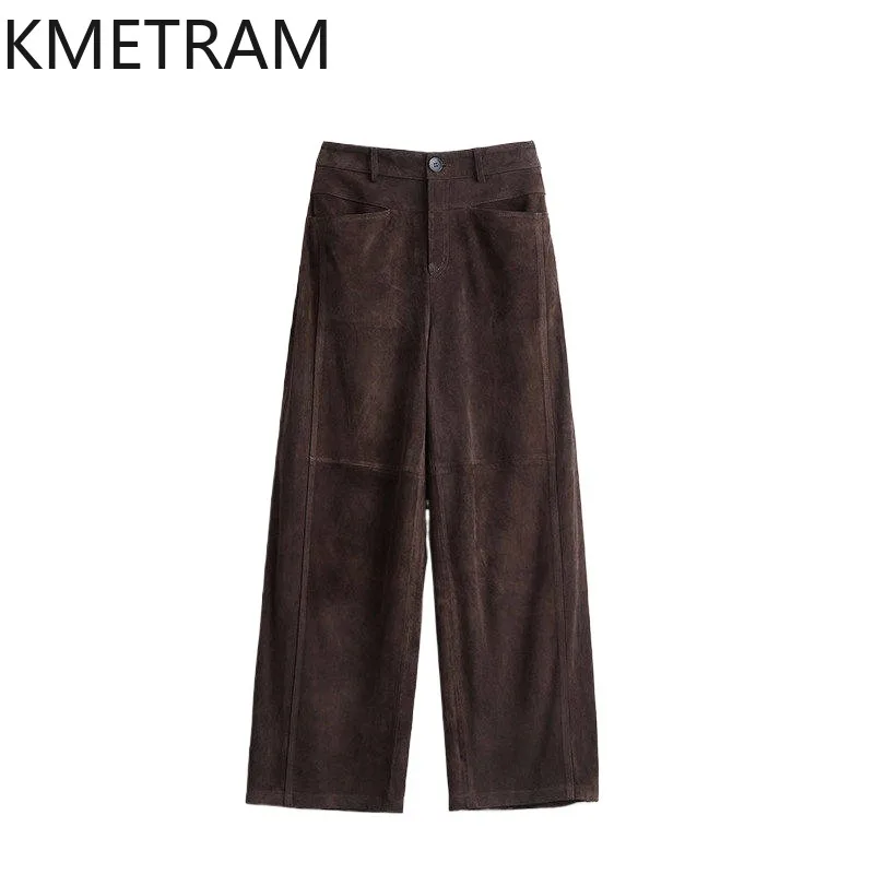 KMETRAM Crossbreed Sheep Suede Genuine Leather Pants Baggy Straight Winter Pants for Woman High Waist Long Trousers 104cm 여자바지
