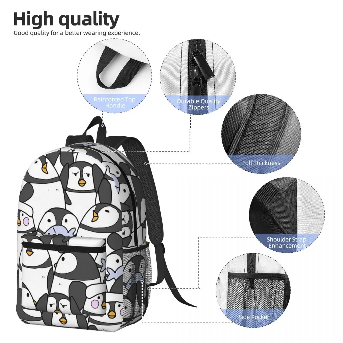 Hand Drawn Penguin Set Backpack Daypack Large Capacity Boys Girls BookBag School Bag Shoulder Bags for Men Women