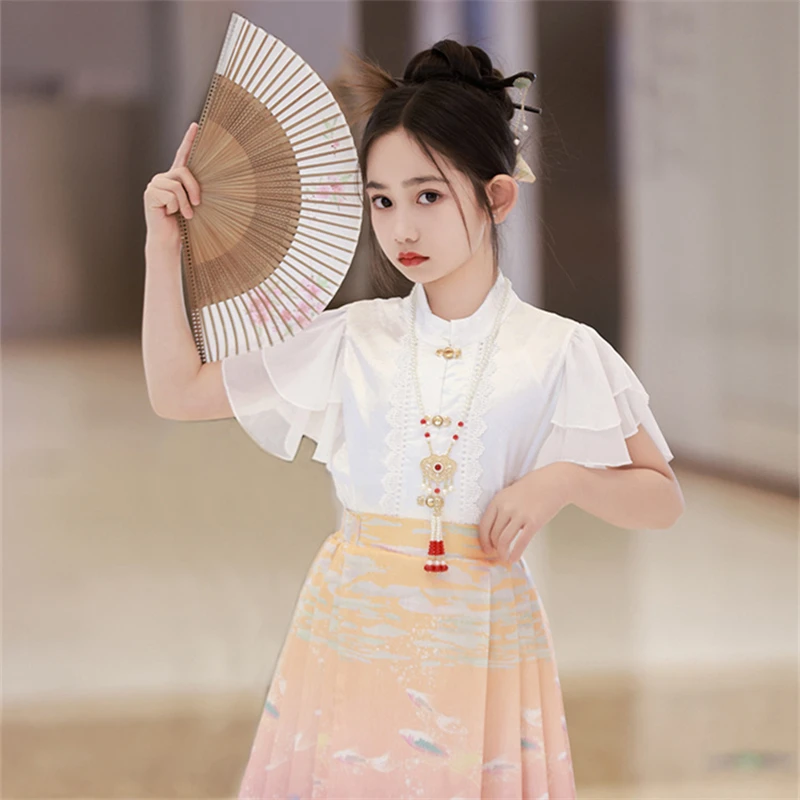 Classic Improved Clothing Chinese Traditional Costume Short Sleeve Top Horse Face Skirt Two Piece Set Daily Suit for Children