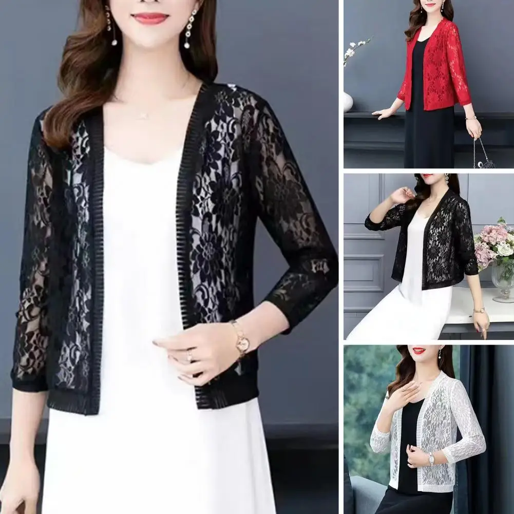 Top ligero de moda para mujer, cárdigan de encaje informal transpirable de Color sólido para cubrir, ropa de mujer