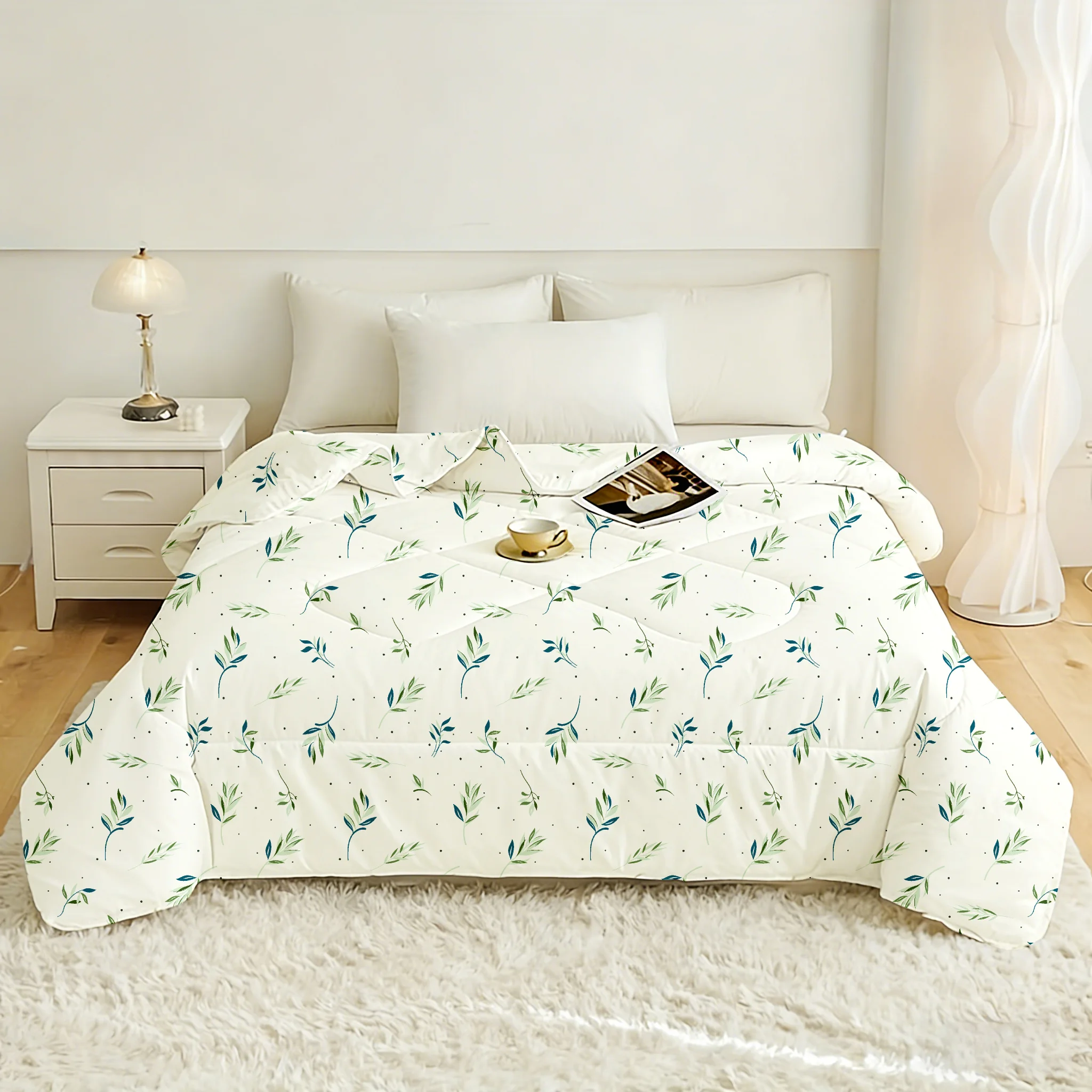 1pc Forest Style Fresh Green Leaf Quilt Core (Includes 1 quilt core only, no pillowcases or pillow inserts)