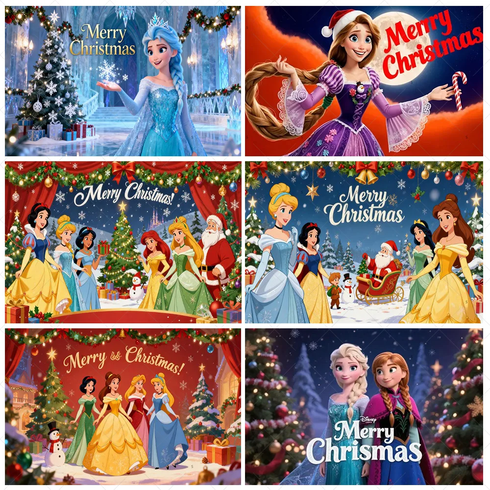 

Disney Princess Christmas Theme Background Banner Christmas Party Decorations Elsa Rapunzel Backdrop Supplies Photography Props