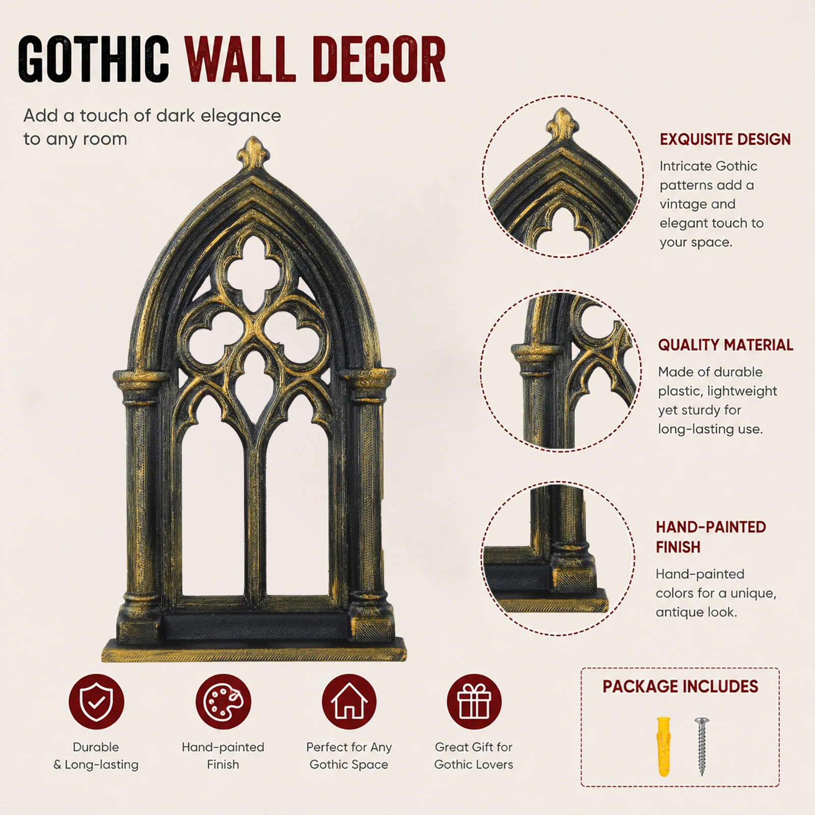 Cross-border Gothic Rose Window Wall Mount Shelf, Vintage Distressed Black Gold Church Pointed Arch Hollow Wall Rack For Crystal
