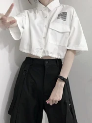 Jmprs Gothic Y2K Cargo Shirt Women Cropped Streetwear Loose Blouse Vintage Harajuku Letter Pocket Short Sleeve Bf Design Tops