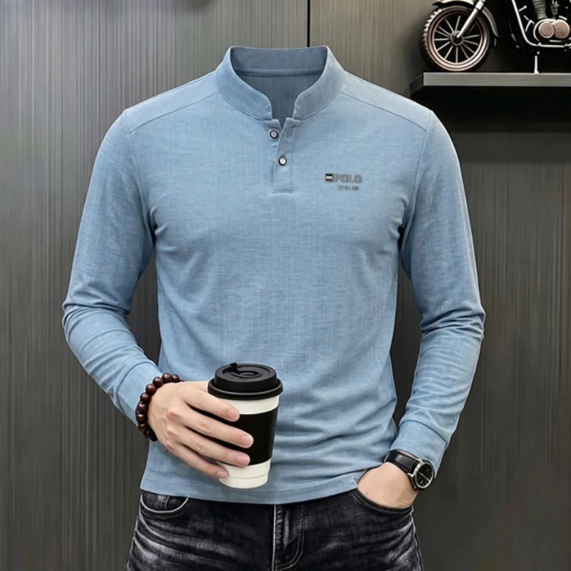 Brand New Men's Print Polo Shirt Autumn Solid Color Long Sleeve Work Tops Man Social Business Male Spring Formal Workwear Shirts