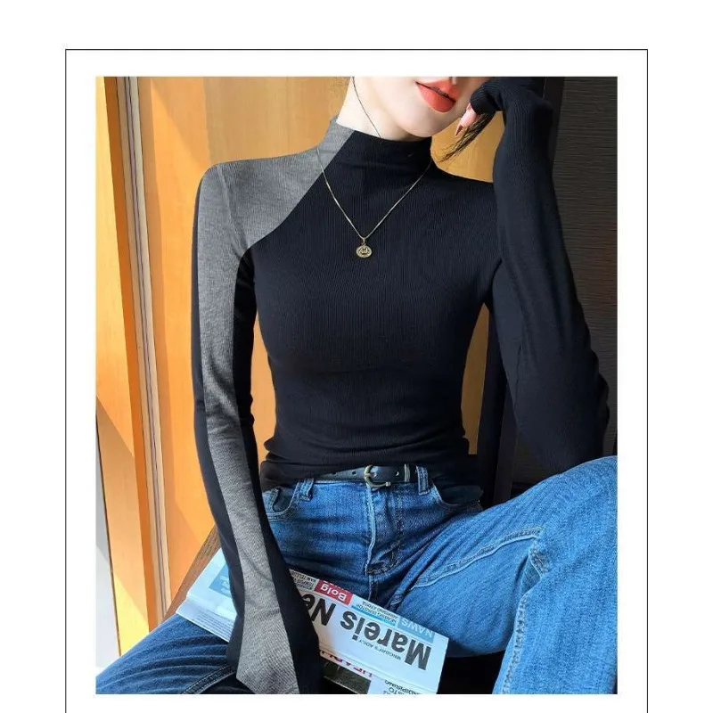 المرأة الجديدة نصف الياقة المدورة قاع قميص الخريف الشتاء بأكمام طويلة سليم المناسب المرقعة الأعلى #4