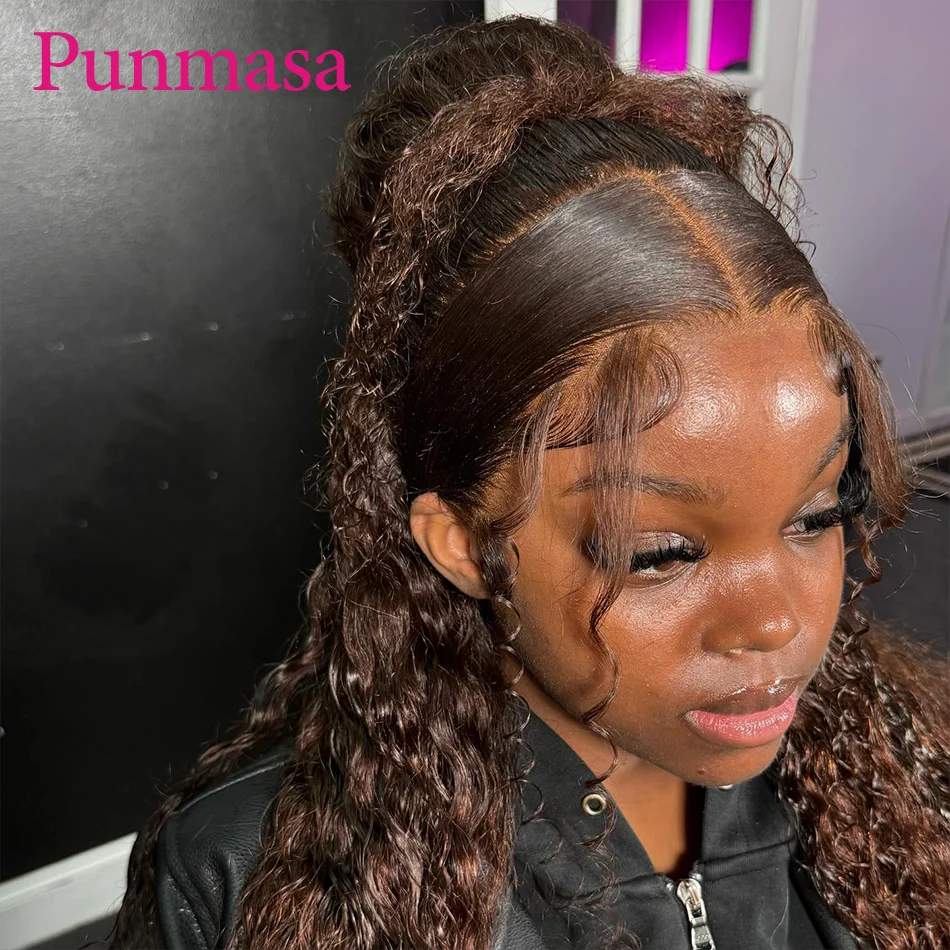 Punmasa #4 Colored Dark Brown Curly Wave Peruvian Remy 200% 13x4 Transparent Lace Frontal Wig 13x6 Lace Front Wig Wear To Go