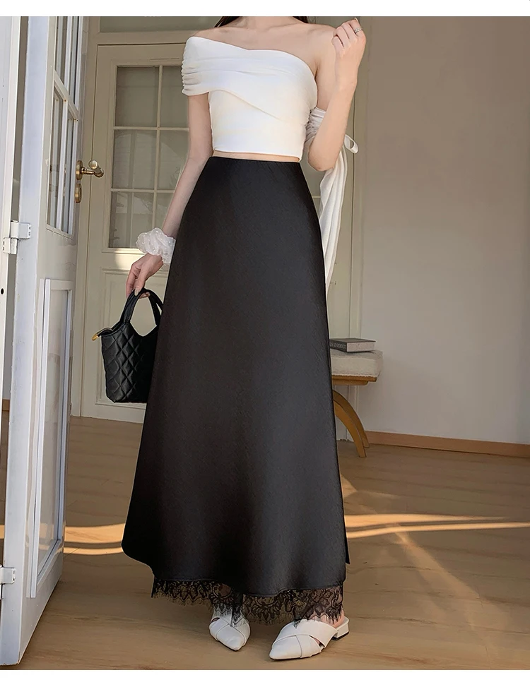 2026 Sommer Herbst Neuer Schlanker Hochwertiger Modischer Halbrock Eleganter Spitzenbesatz Satin Seitenschlitz Damen Midi-Rock – Detail 30