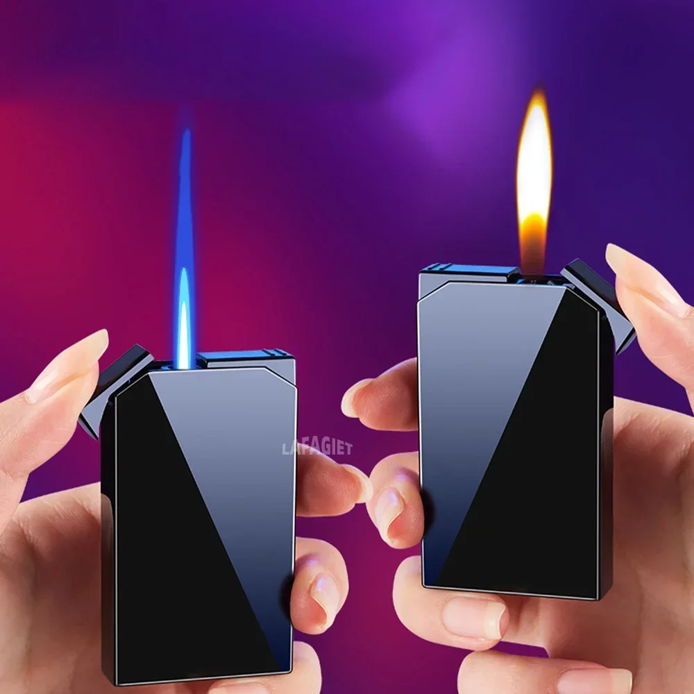 2 in 1 Dual Flame Lighter Windproof Butane Gas Blue Fire Turbo Jet Flame Cigar Lighter Gradient Creative Men Smoking Gadgets