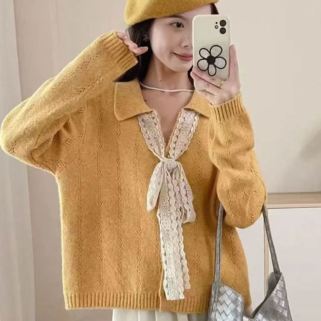 甘いスタイルのレースタイニットセーターコート2025新作秋長袖ラペルカーディガンセーターファッションルーズカーディガンジャケット