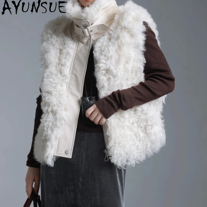 

AYUNSUE жилет из натурального овчины, женская куртка без рукавов из натуральной кожи, мотоциклетные жилеты, зимняя одежда 2021, женская шуба Женская