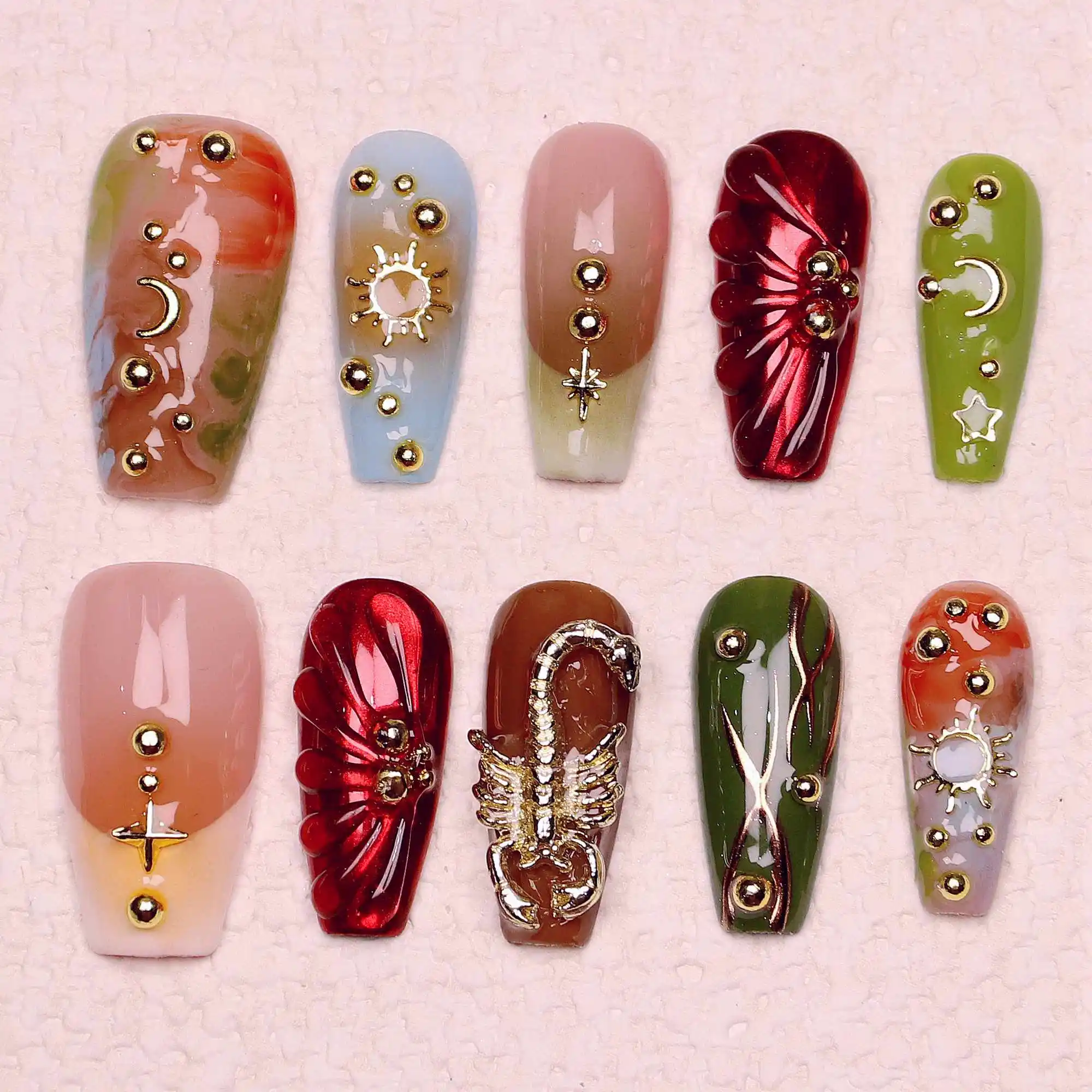 10Pcs 10Pcs Unique 3D Gel Chrome Medium Coffin Press on nails,Custom hand painted Design Nail Art,Fake Nail for Birthday Holiday